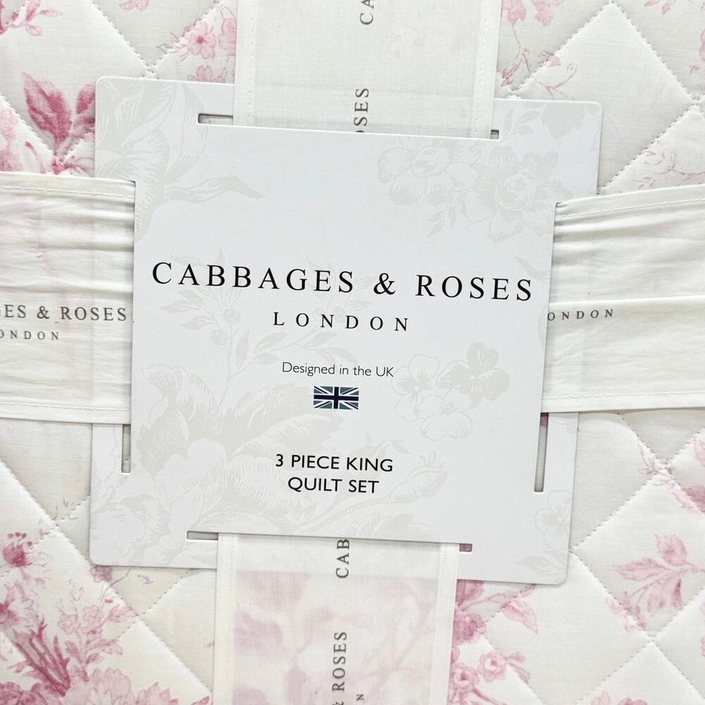 Cabbages & Roses Alderney Pink Floral Toile KING Quilt Bedding 3pc Set Raspberry - Picture 5 of 6